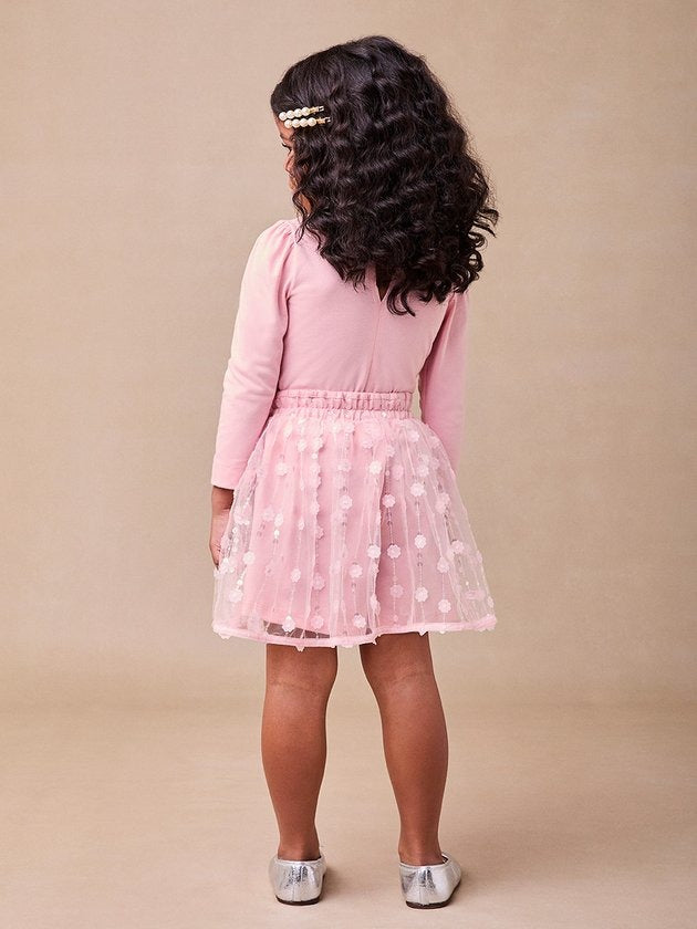 Conjunto Infantil Animê Inverno Com Saia Tule Florzinha e Blusa Rosa