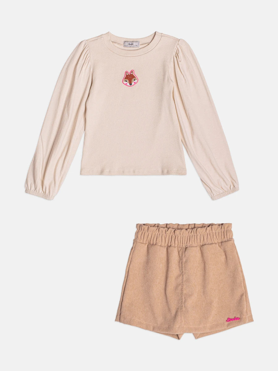 Conjunto Infantil Bimbi Inverno com Shorts Saia e Blusa Manga Longa Bege Raposinha