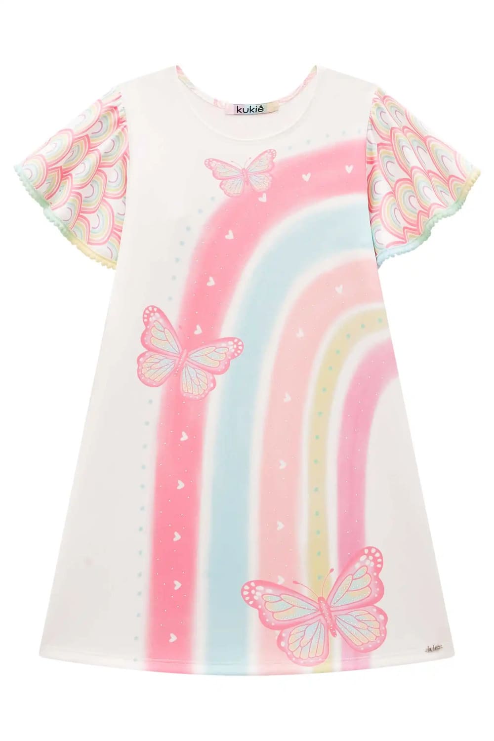 Vestido Infantil Kukie Verão Branco Borboletas Arco-íris