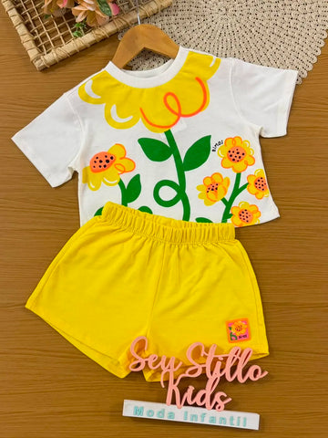 Conjunto Infantil Menina Bimbi com Shorts Amarelo e Blusa Branca Flores