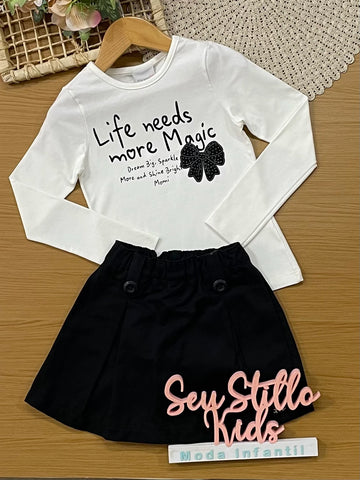 Conjunto Infantil Momi Inverno Shorts Saia Preto e Blusa Manga Longa Lacinho