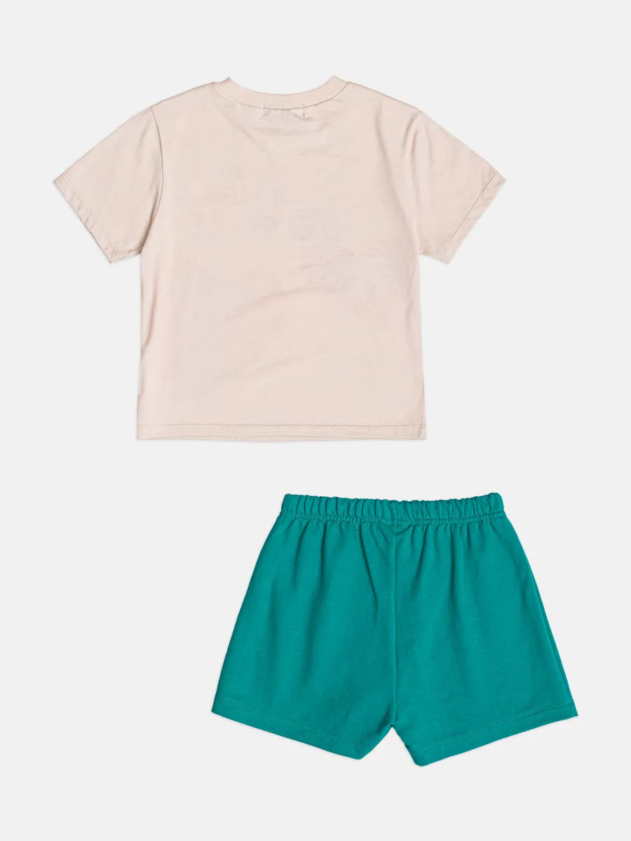 Conjunto Infantil Bimbi Inverno com Shorts Verde e Blusa Manga Curta Bege Dog Love