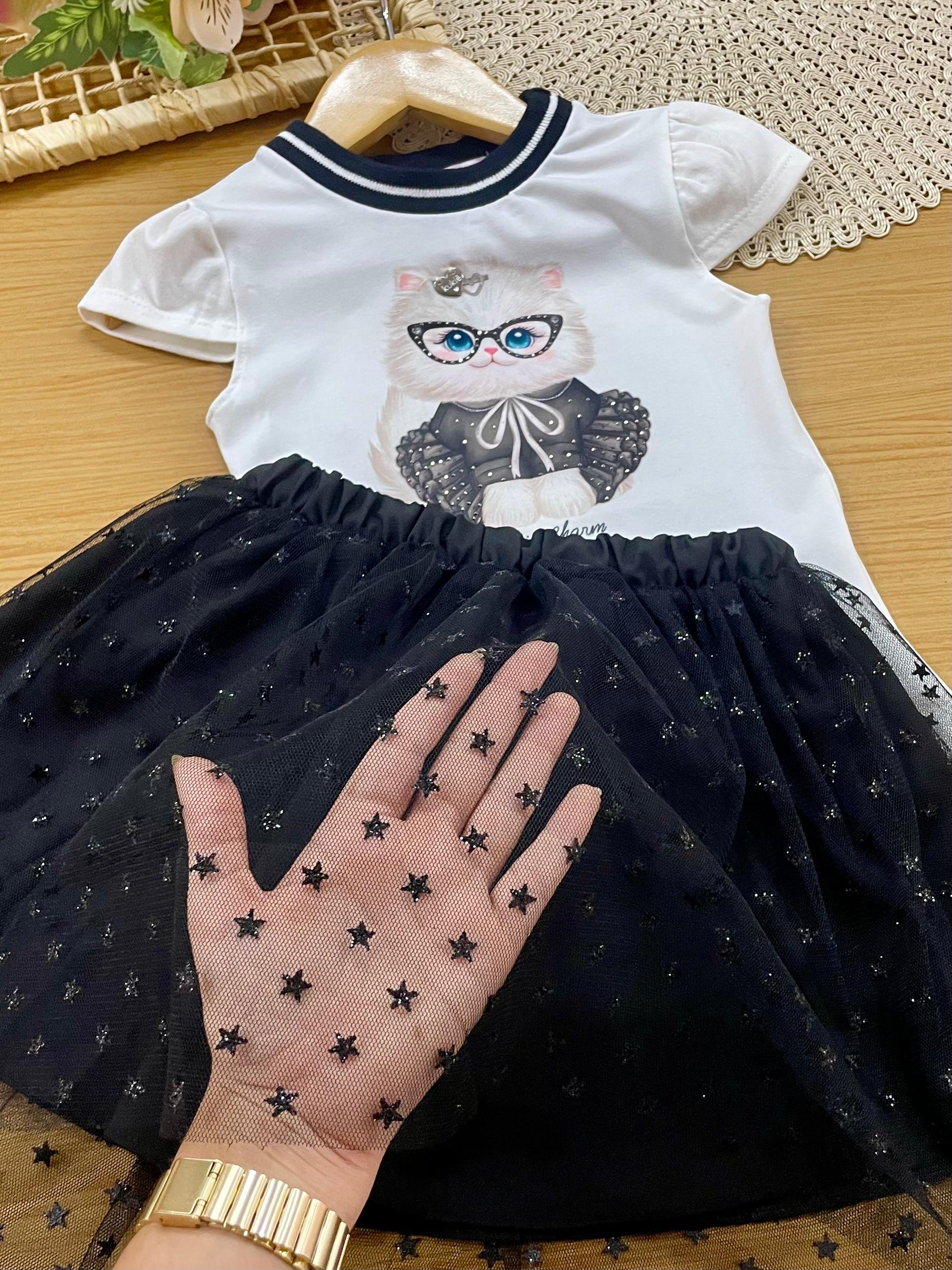 Conjunto Infantil Menina Kukiê com Saia em Tule Preta Estrelinha e Blusa Gatinha Strass