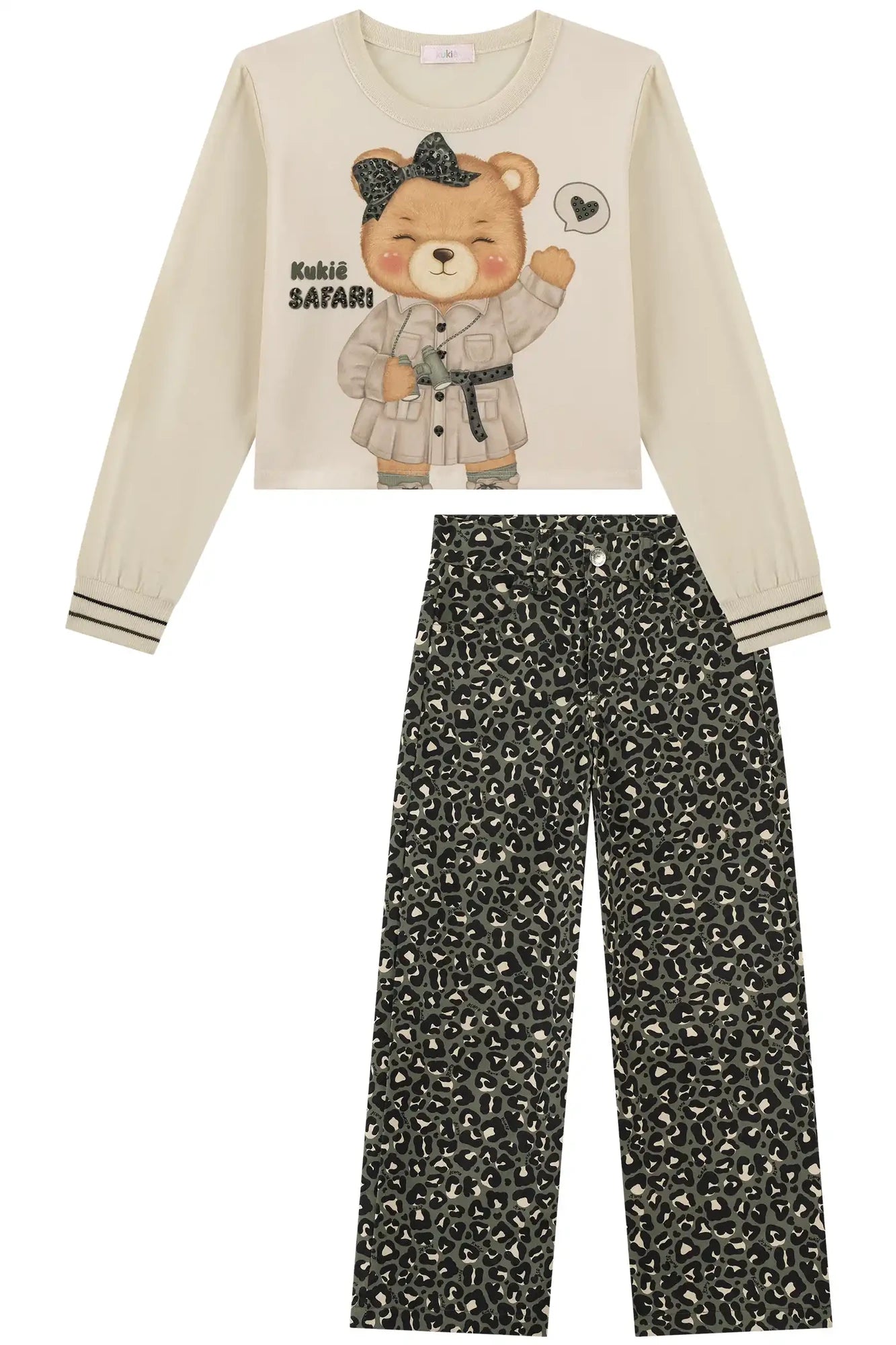 Conjunto Infantil Kukiê Inverno com Calça Verde Camuflada e Blusa Manga Longa Ursinha Safari