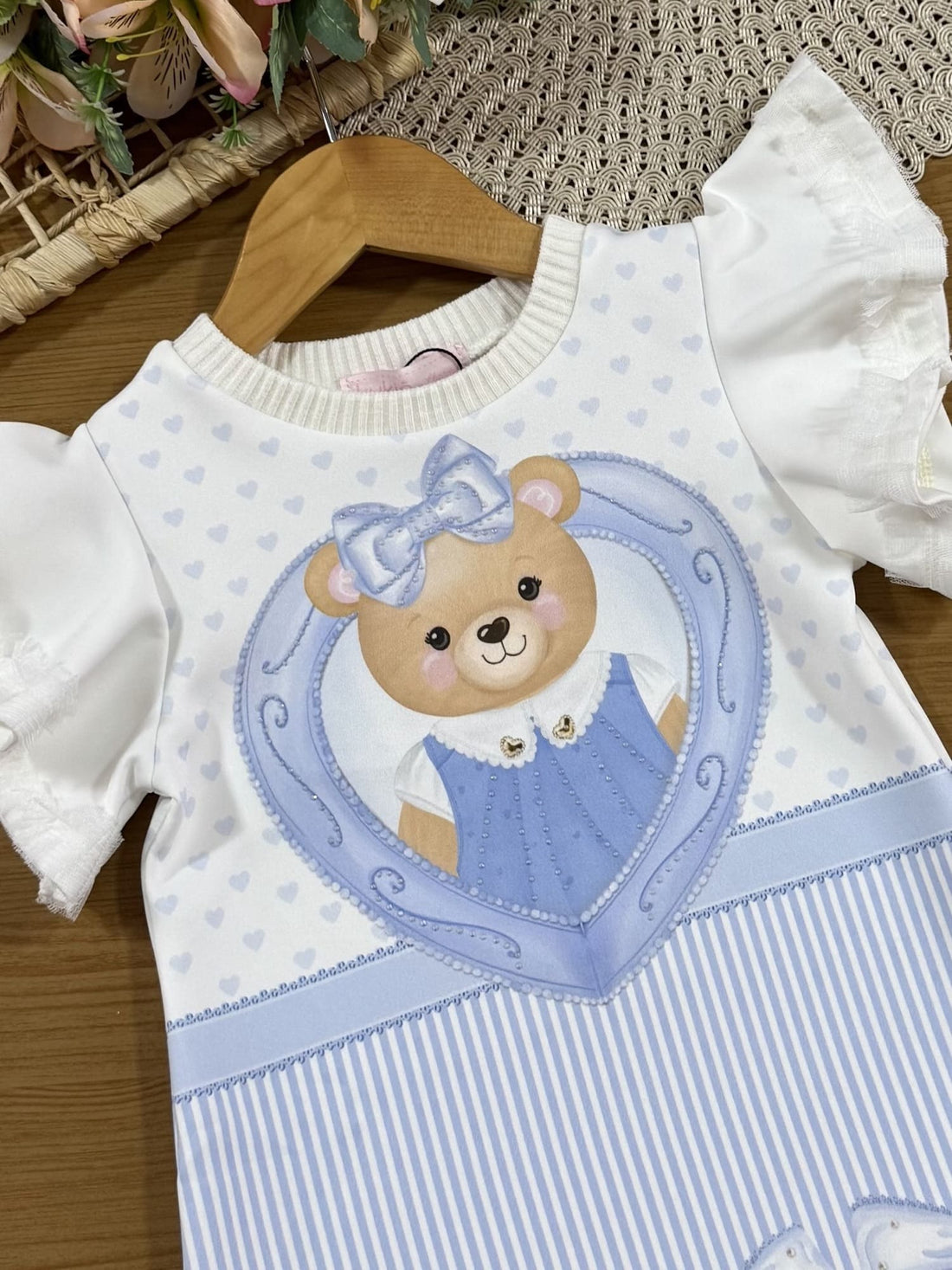 Vestido Infantil Kukiê Manga Curta Azul Ursinha com Strass