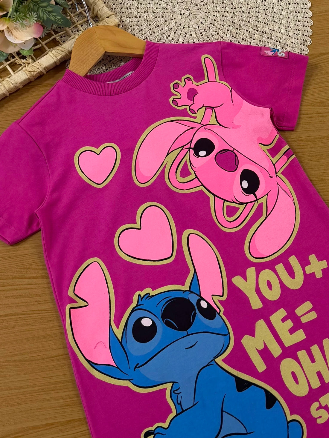 Vestido Infantil Bimbi Inverno Rosa Stitch e Angel Disney