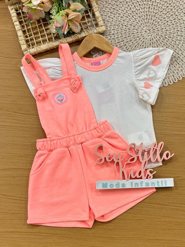 Jardineira Infantil Menina Cinti Laranja com Blusa Branca Corações