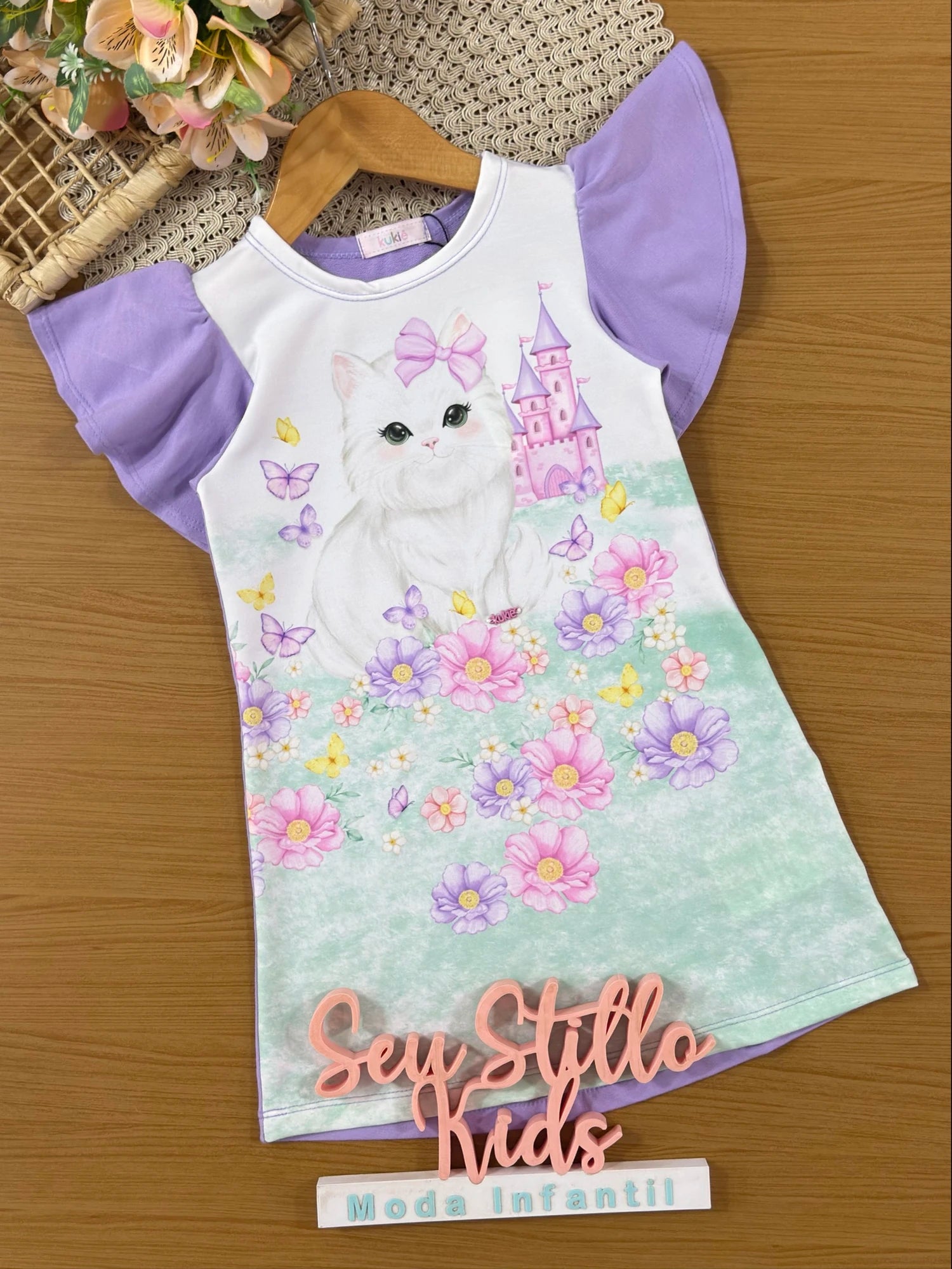 Vestido Infantil Kukiê Lilás Gatinha Floral