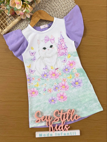 Vestido Infantil Kukiê Lilás Gatinha Floral
