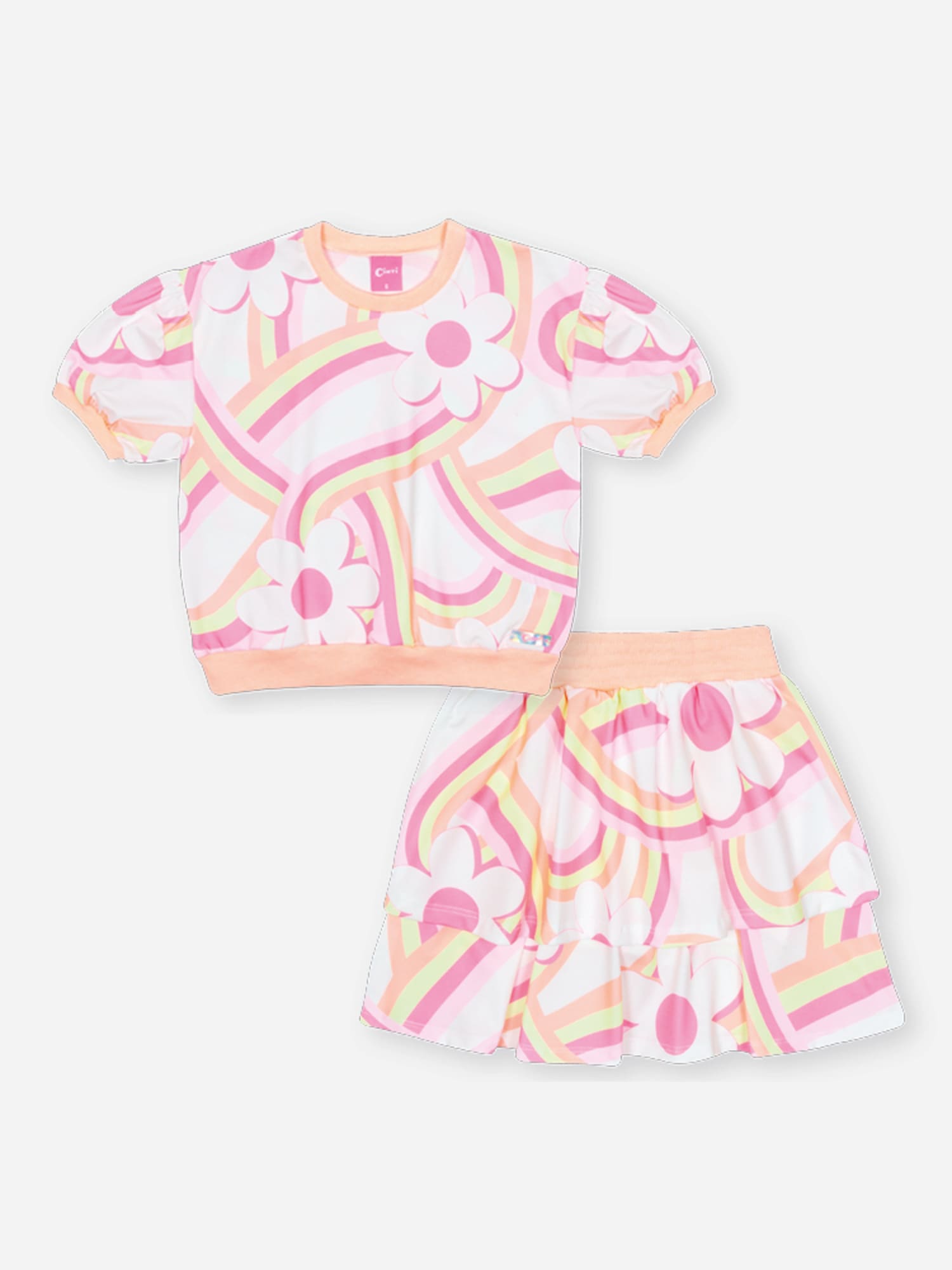 Conjunto Infantil Cinti Verão com Shorts e Blusa Branca Arco-íris Floral