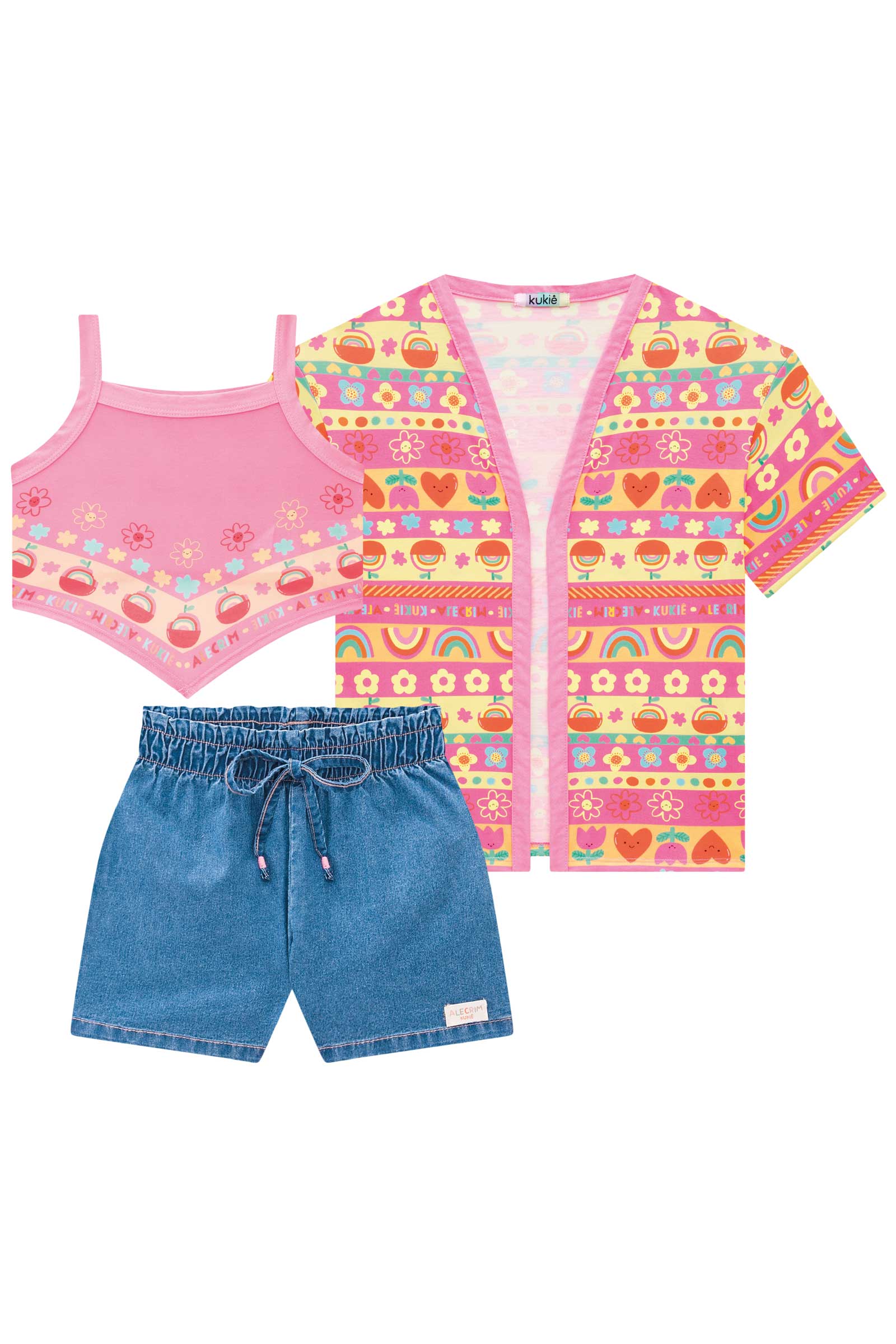 Conjunto Infantil Kukie Alecrim Verão Shorts Jeans Sobreposição e Top Frutas