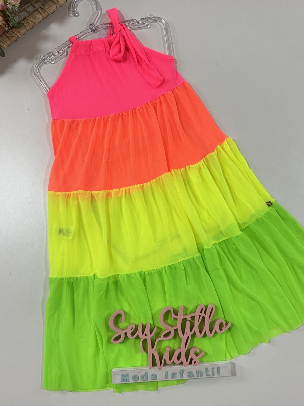 Saída de Praia Siri Kids Tule Bianca Rosa Fluor 39120