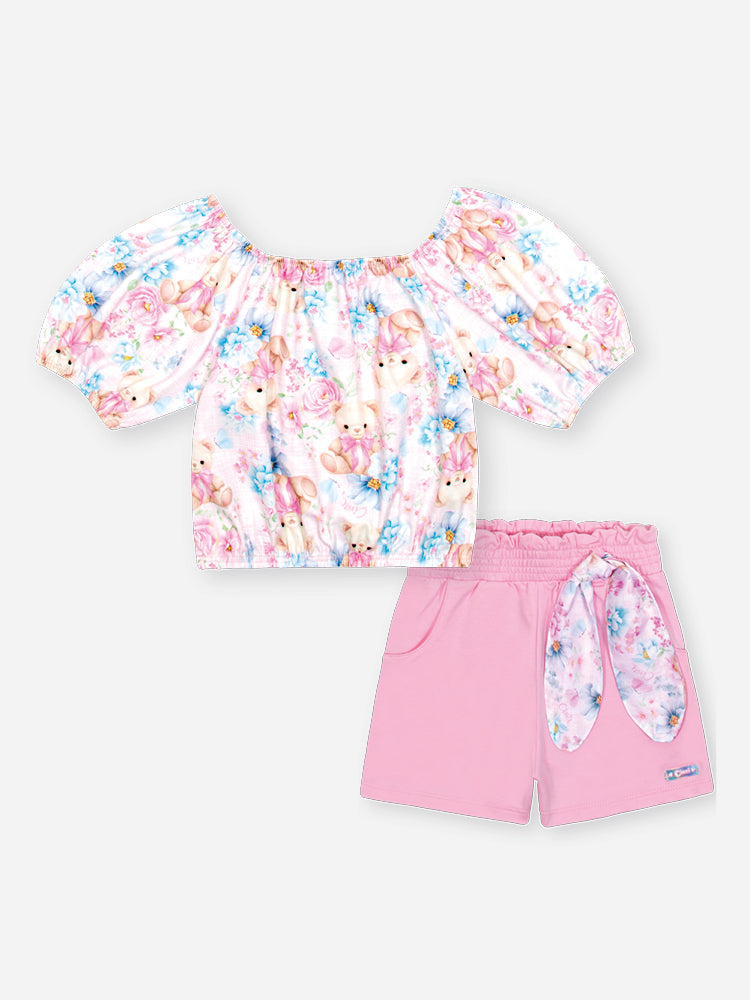 Conjunto Infantil Cinti Verão com Shorts Lacinho e Blusa Rosa Estampada