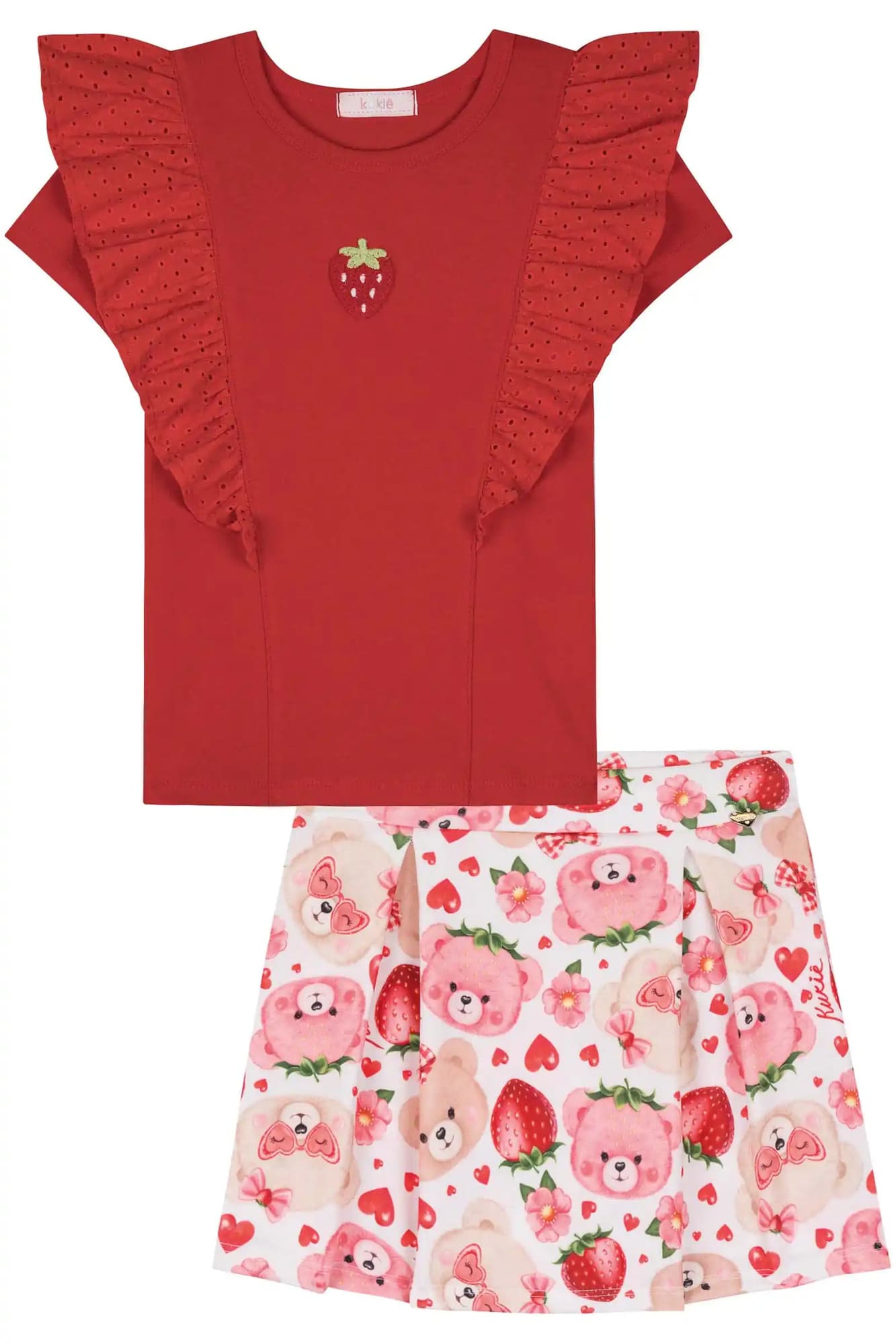 Conjunto Infantil Kukiê Verão com Shorts Saia Branco e Blusa Vermelha Moranguinho