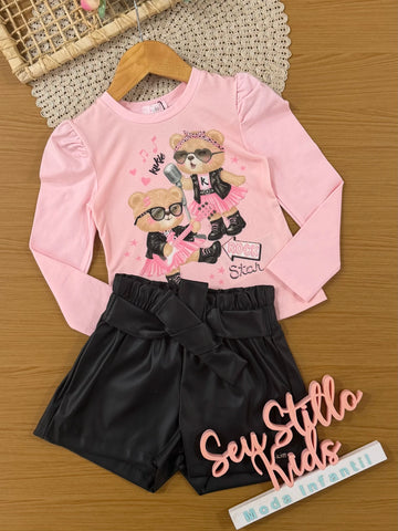 Conjunto Infantil Kukiê Inverno com Shorts Preto e Blusa Manga Longa Ursinhas Rockstar