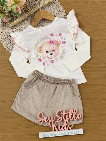 Conjunto Infantil Cinti Inverno com Shorts Saia Bege e Blusa Manga Longa Ursinha Flor