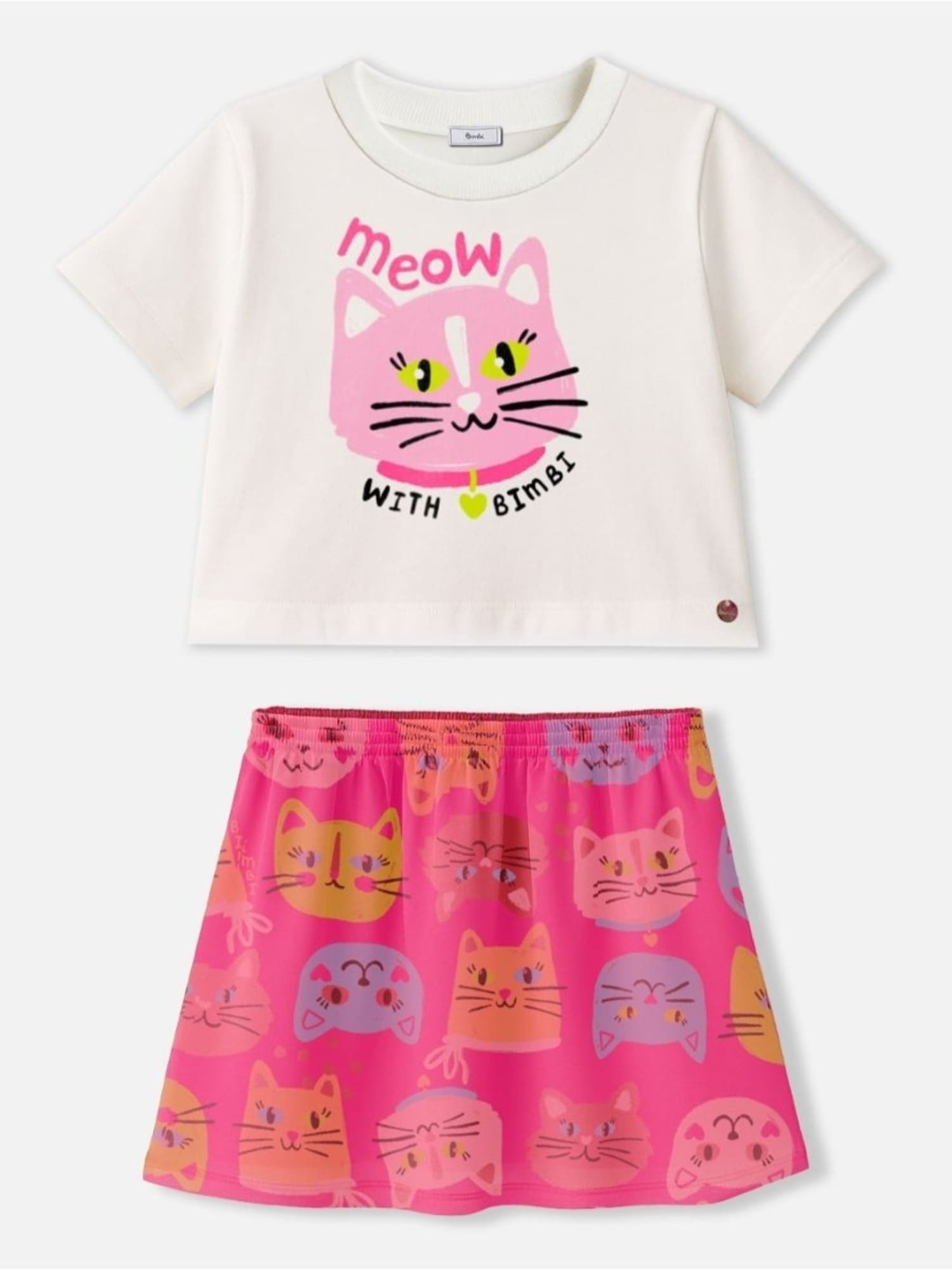Conjunto Infantil Bimbi Verão com Saia Rosa e Blusa Branca Gatinha
