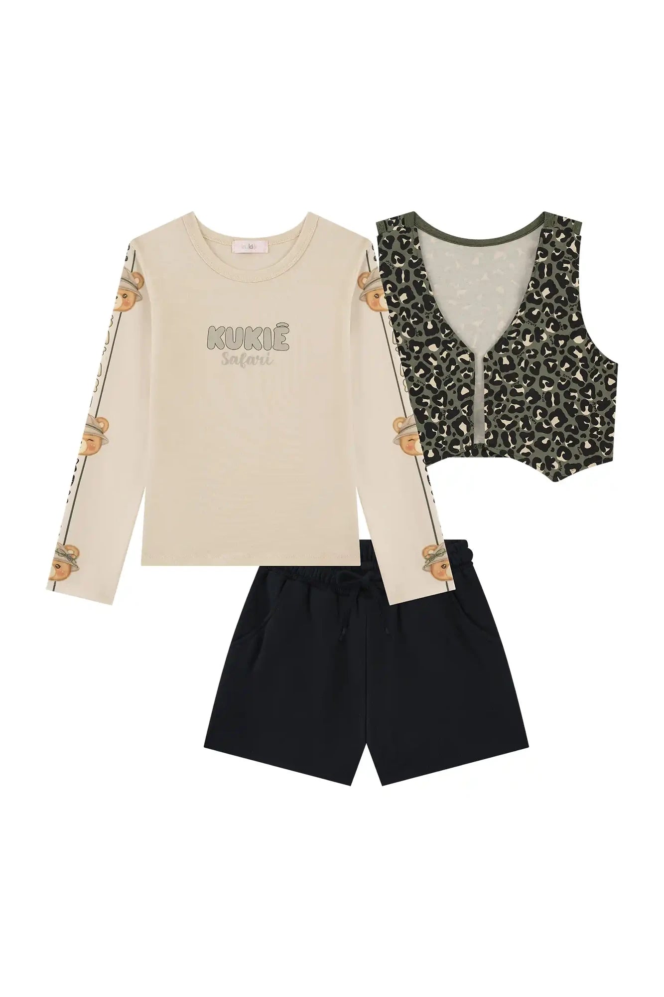 Conjunto Infantil Kukiê Inverno com Shorts, Colete e Blusa Bege Manga Longa Safari
