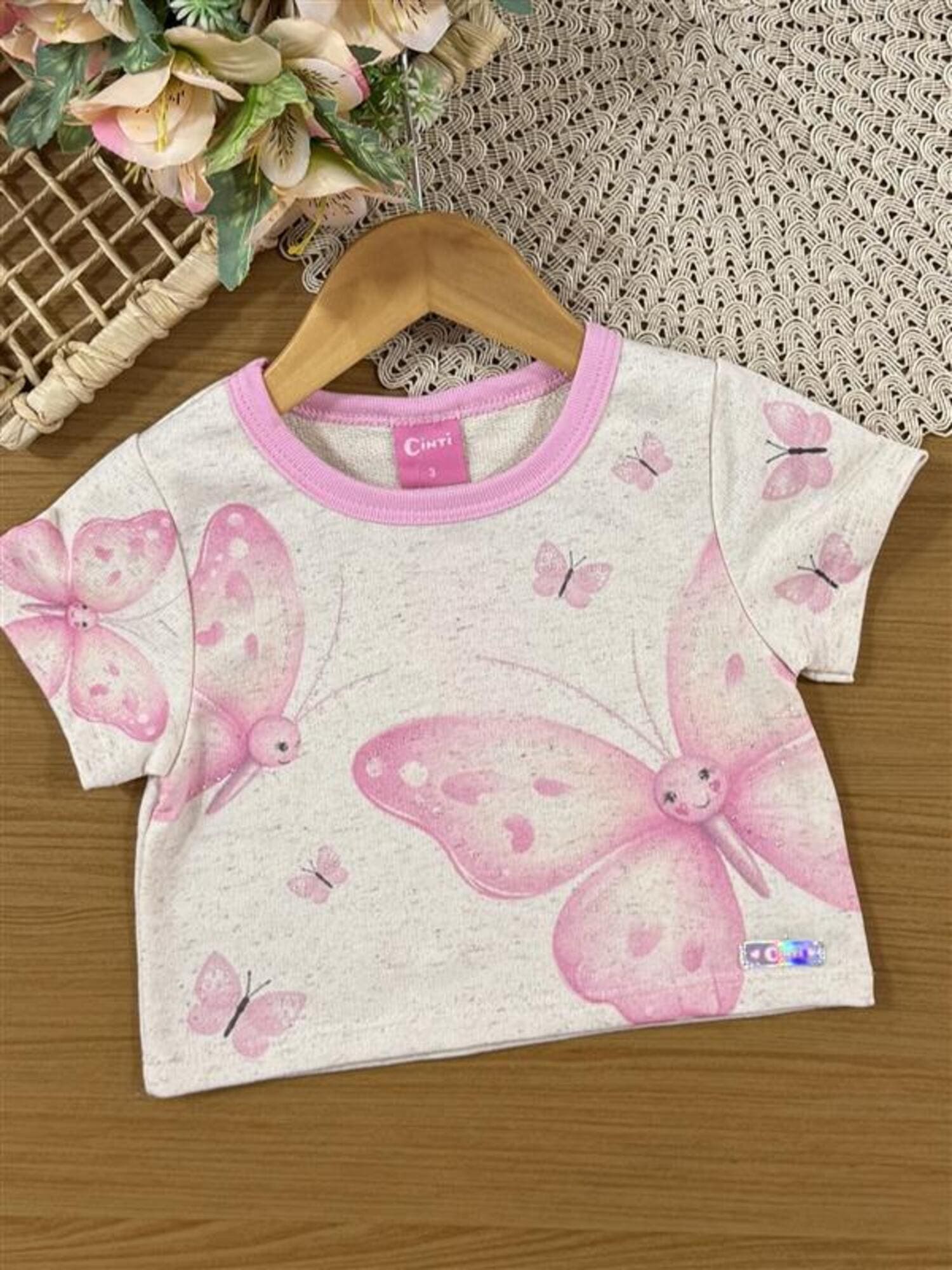Conjunto Infantil Cinti Verão com Shorts e Blusa Off White Borboletas