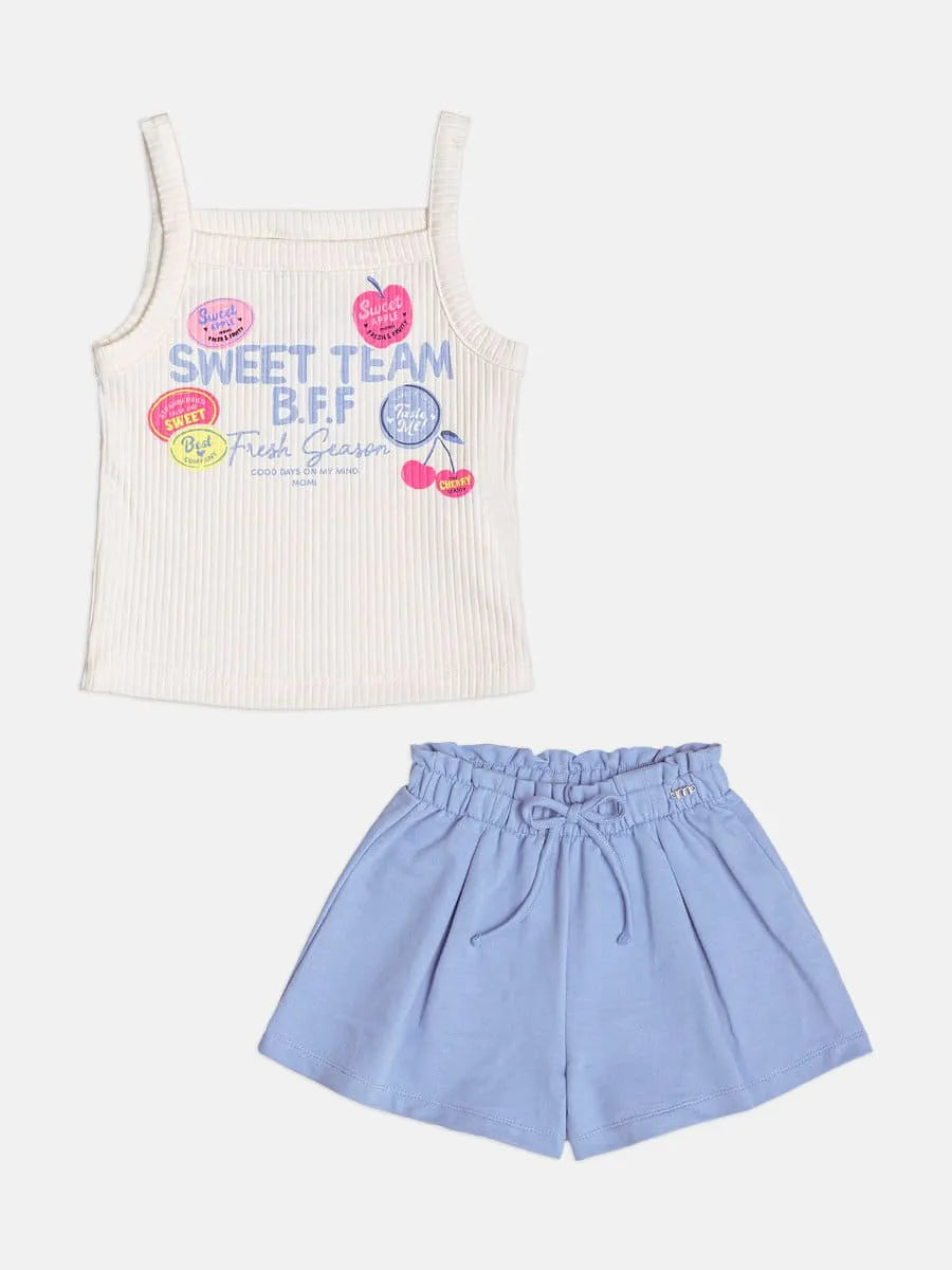 Conjunto Infantil Menina Momi com Shorts Azul e Blusa Branca Sweet Team