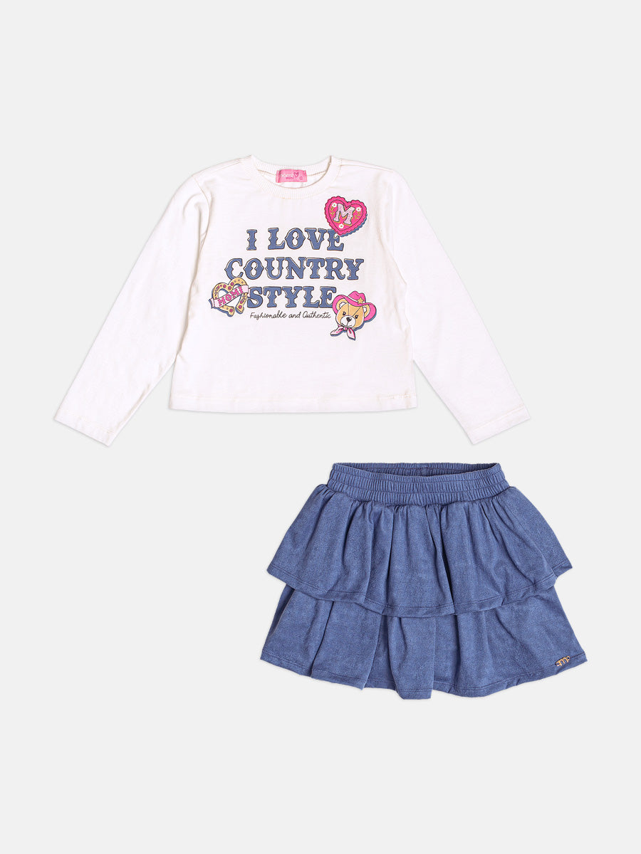 Conjunto Infantil Momi Inverno com Saia Azul e Blusa Manga Longa Love Country