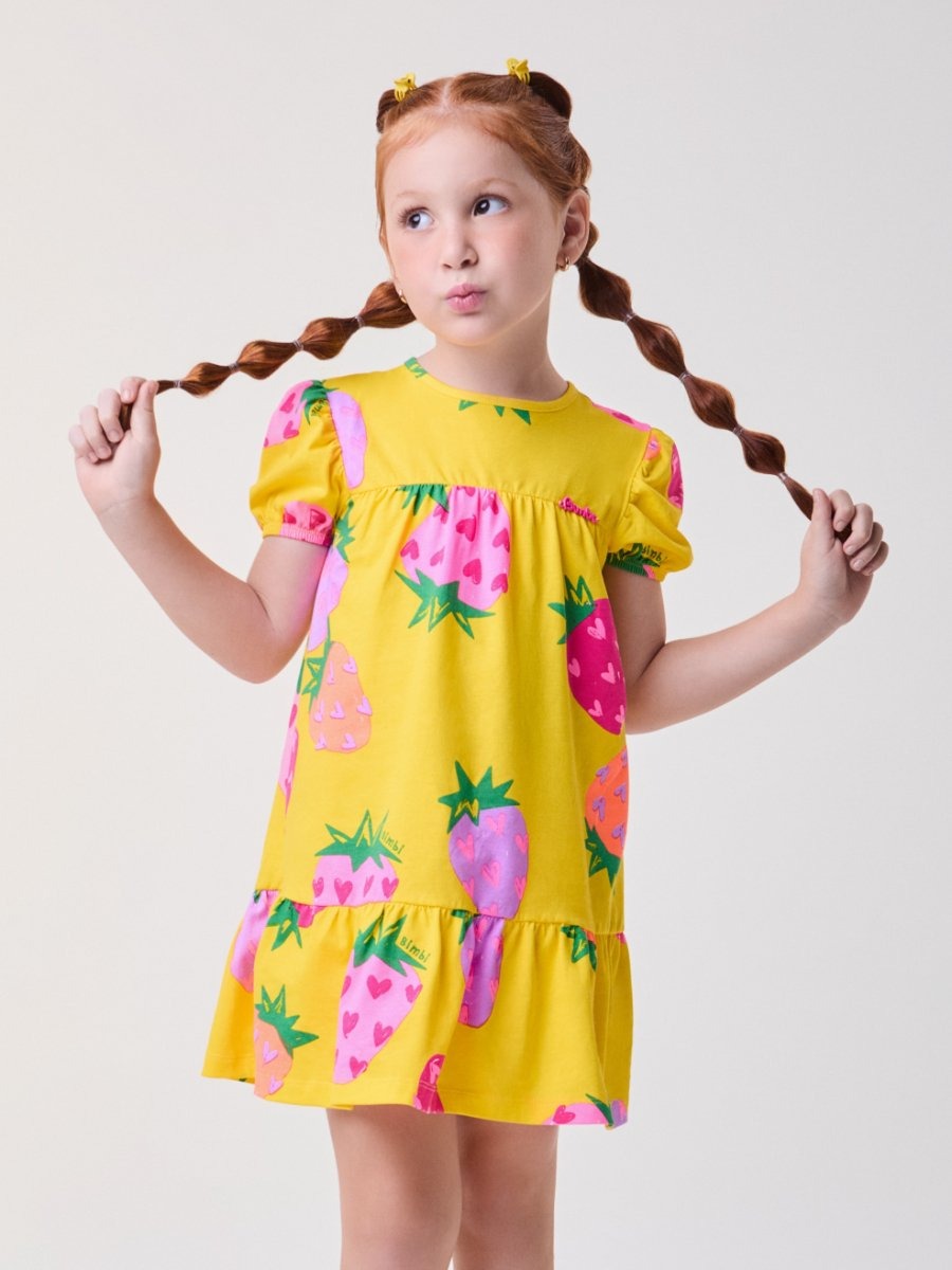 Vestido Infantil Bimbi Verão Amarelo Moranguinho