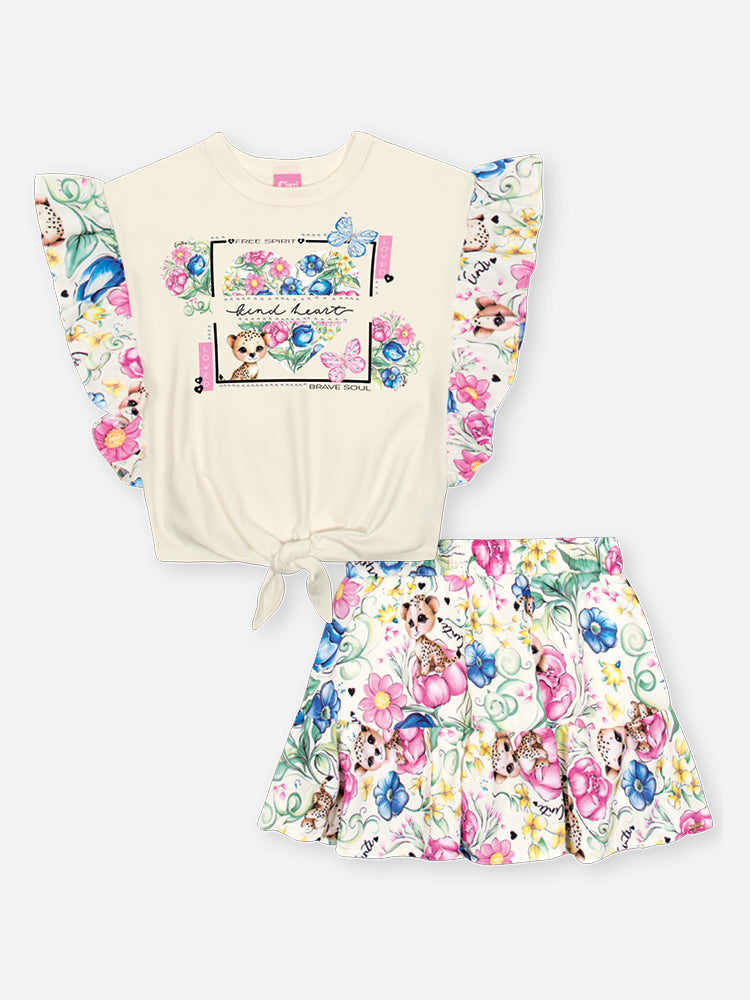 Conjunto Infantil Cinti Verão com Saia e Blusa Branca Oncinha Floral