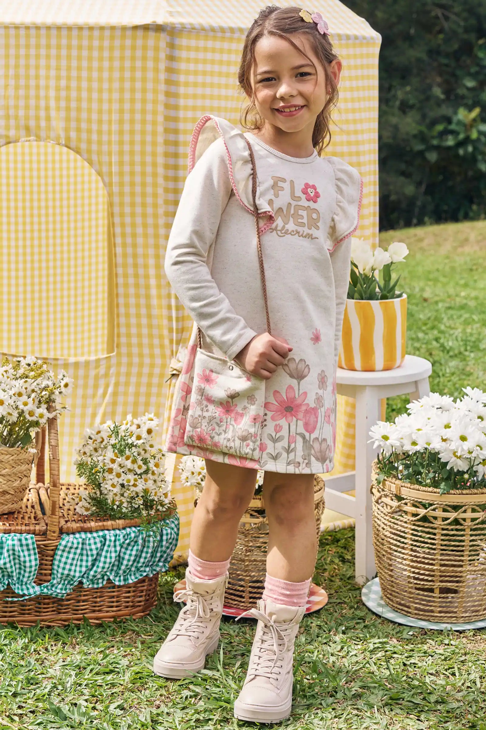Vestido Infantil Kukiê Inverno Off White Flower com Bolsinha