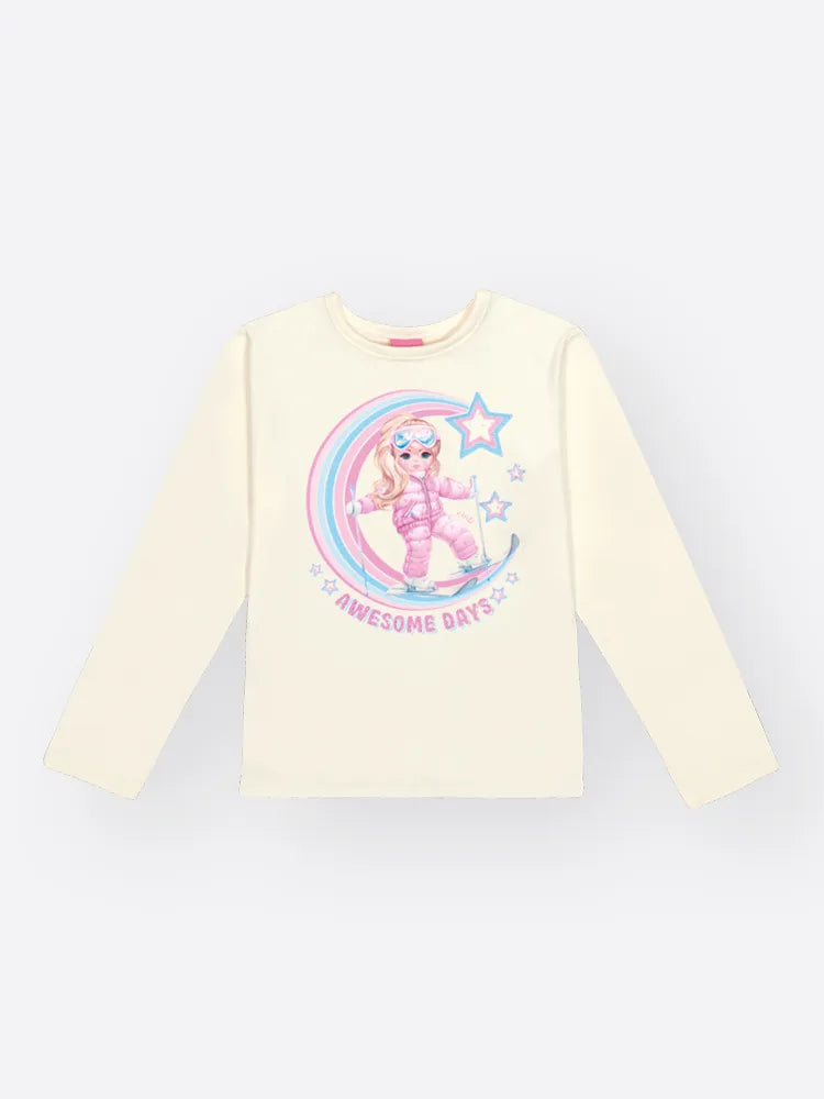 Conjunto Infantil Cinti Inverno Com Saia Rosa Paetê e Blusa Branca Menina Aventureira.