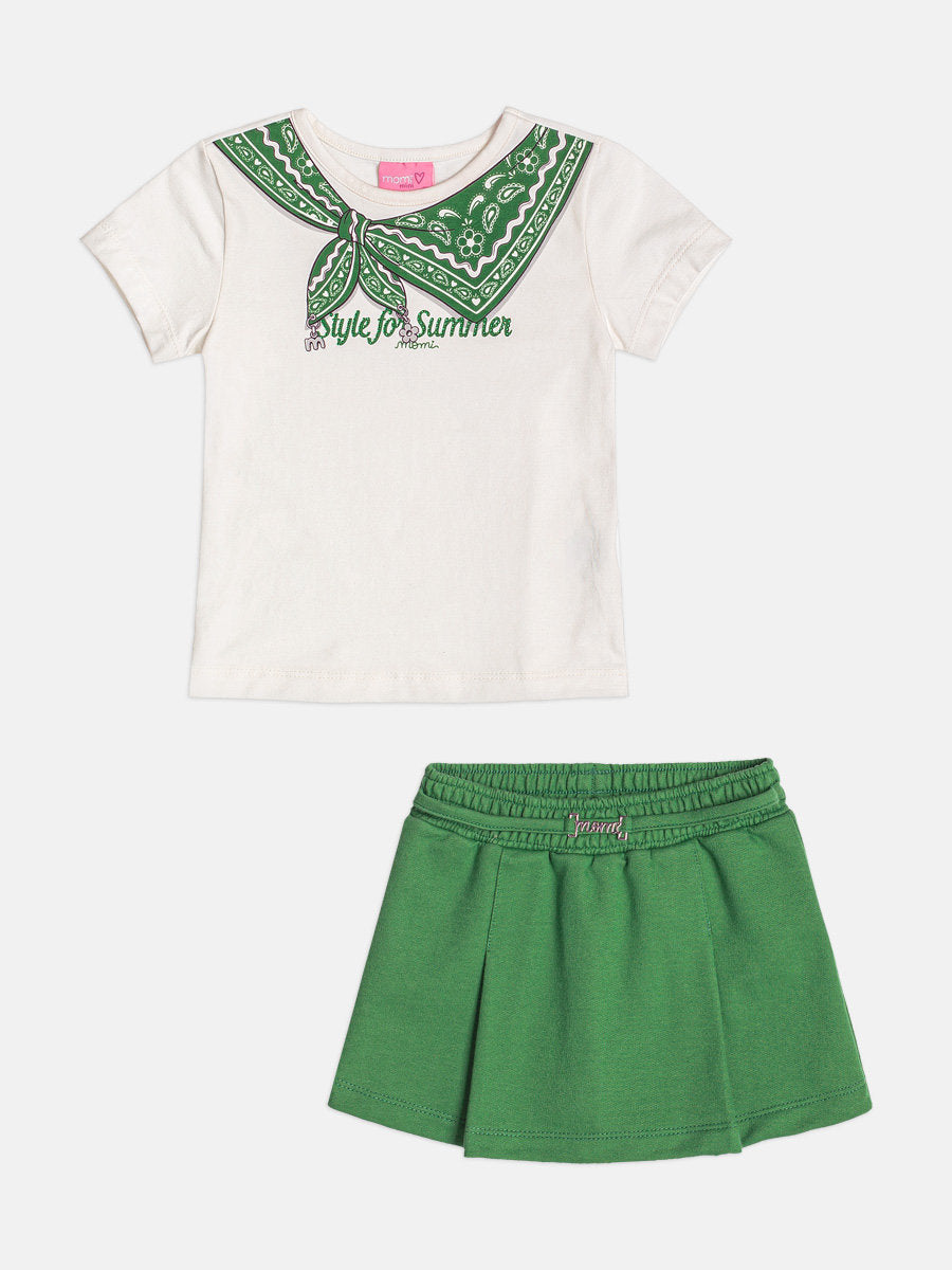 Conjunto Infantil Menina Momi com Shorts Saia Verde e Blusa Lencinho