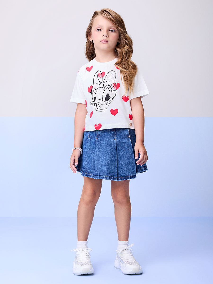 Blusa Infantil Momi Verão Branca Daisy Corações Disney