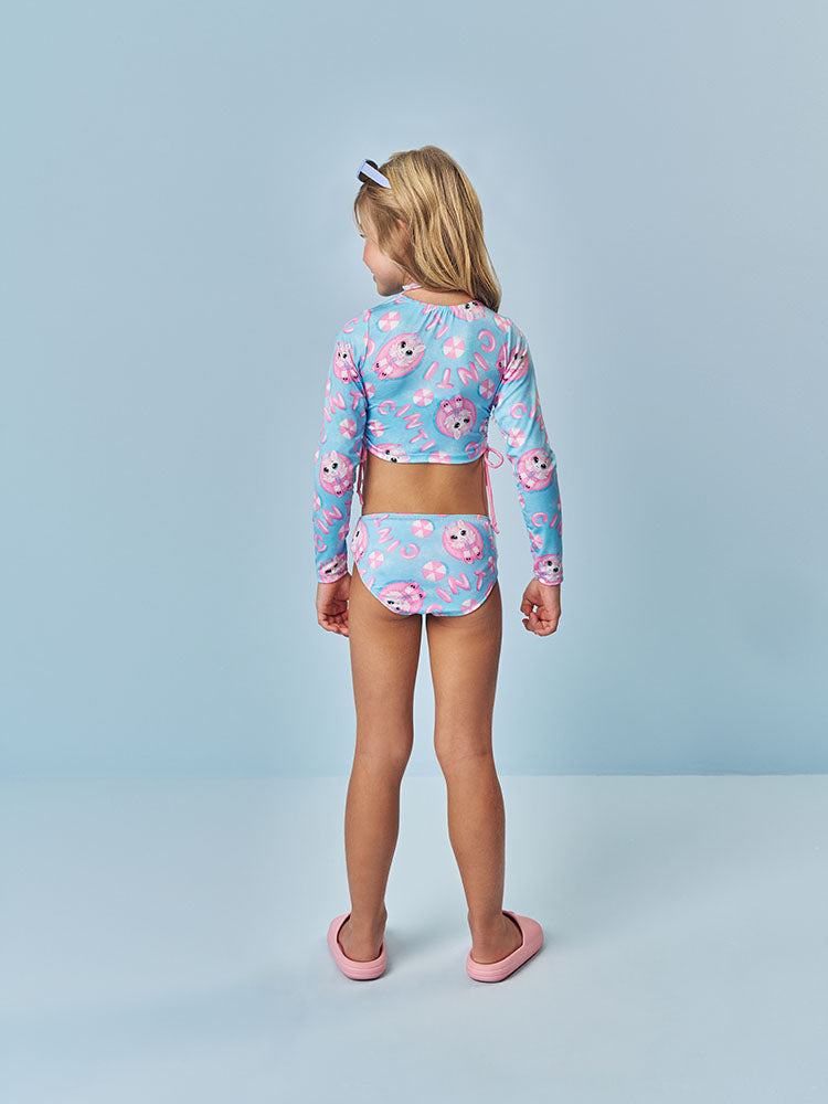 Biquíni Infantil Cinti Verão com Blusa Manga Longa Azul Unicórnio