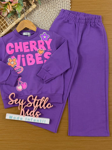 Conjunto Infantil Bimbi Inverno com Calça e Moletom sem Flanela Roxo Cherry Vibes