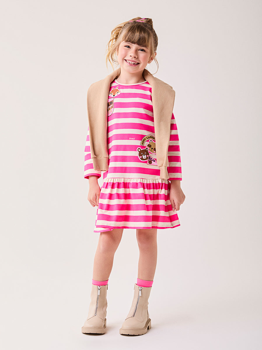 Vestido Infantil Bimbi Inverno Listras Rosa Bichinhos