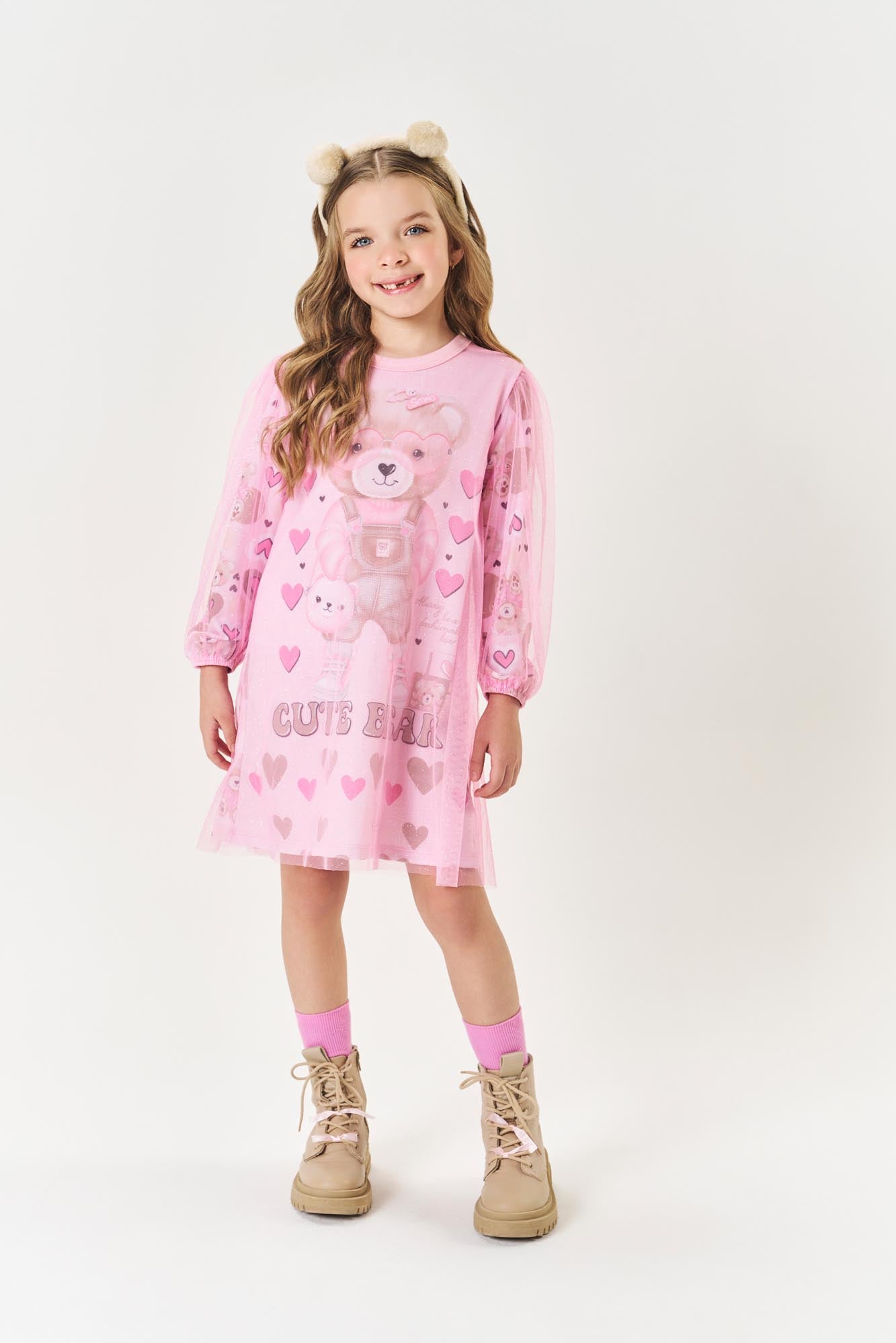 Vestido Infantil Cinti Inverno Rosa com Sobreposição em Tule Glitter