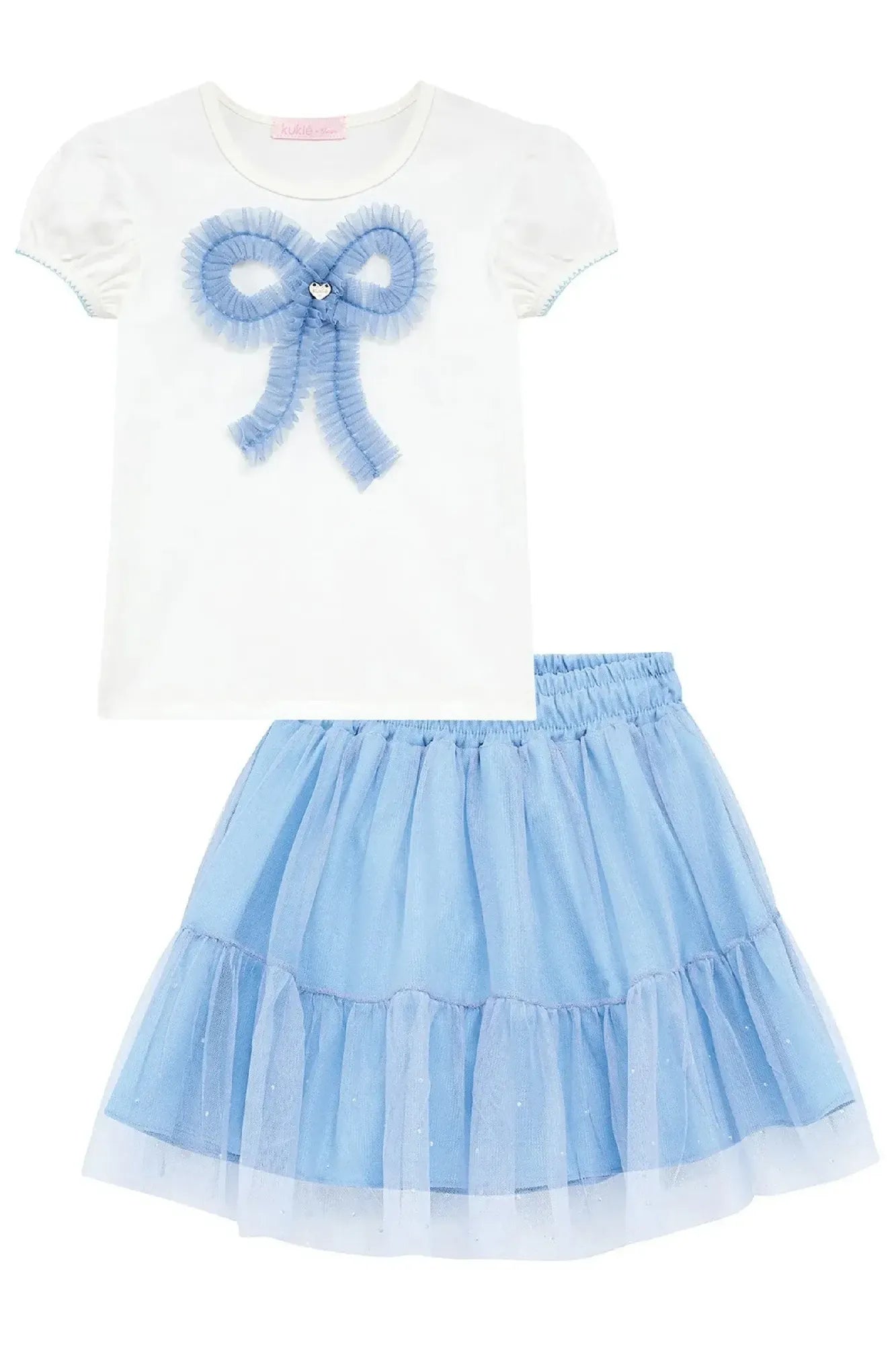 Conjunto Infantil Menina Kukiê com Saia em Tule e Blusa Branca Lacinho Azul