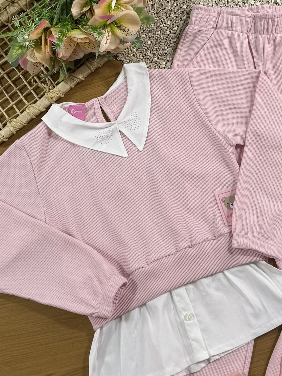 Conjunto Infantil Cinti Inverno com Calça e Casaco Rosa com Strass