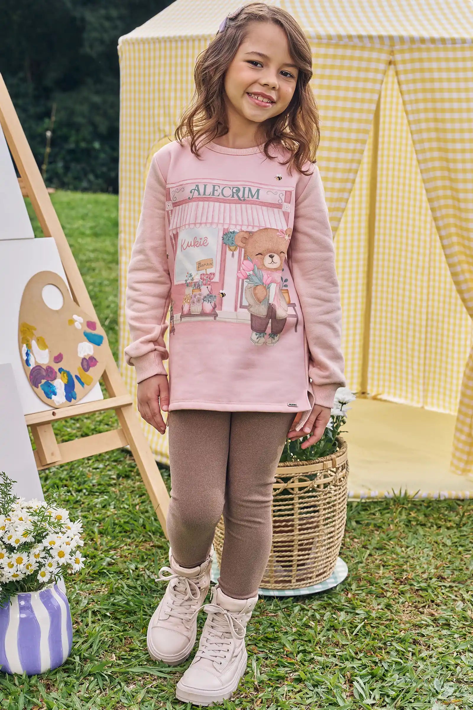 Conjunto Infantil Kukiê Inverno com Calça Legging Marrom e Moletom Flanelado Ursinha Floricultura