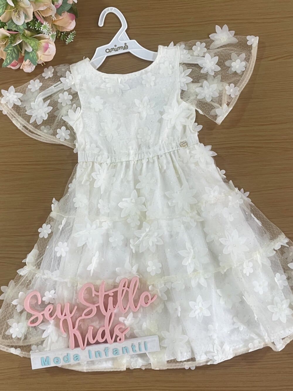 Vestido Infantil Animê Verão Tule Flores