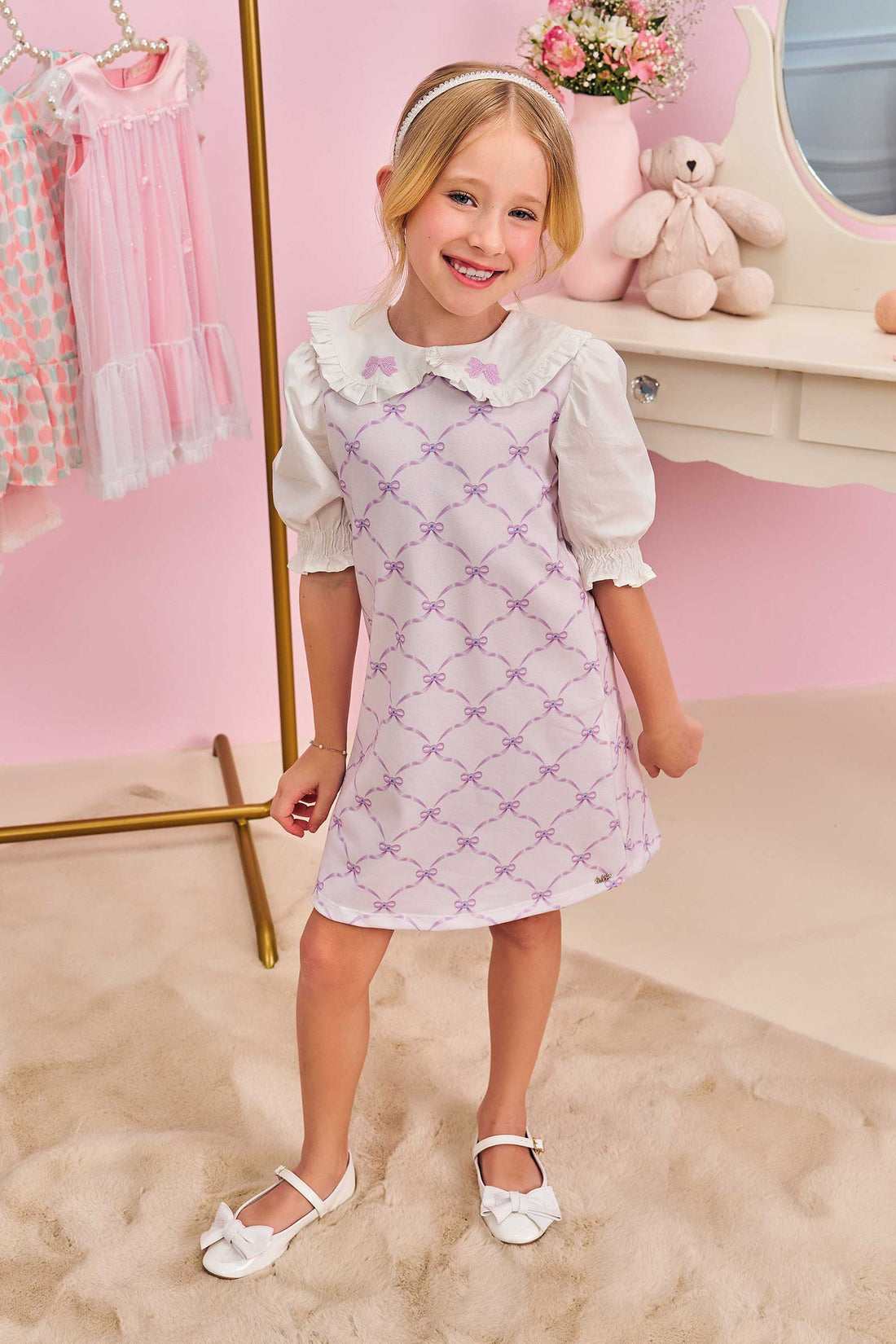 Vestido Infantil Kukie Verão Lilás Lacinhos