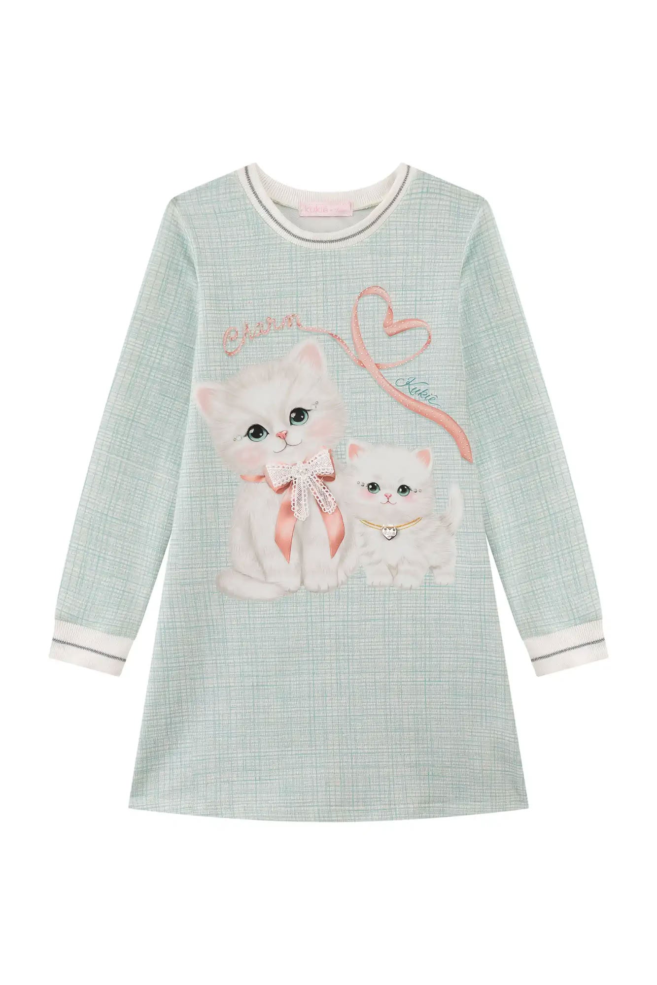Vestido Infantil Kukiê Inverno Azul Gatinhas Lacinho