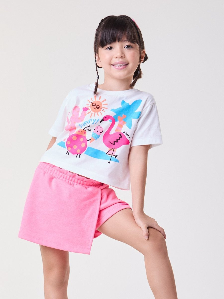 Conjunto Infantil Bimbi Verão com Shorts Saia Rosa e Blusa Branca Flamingo Tropical