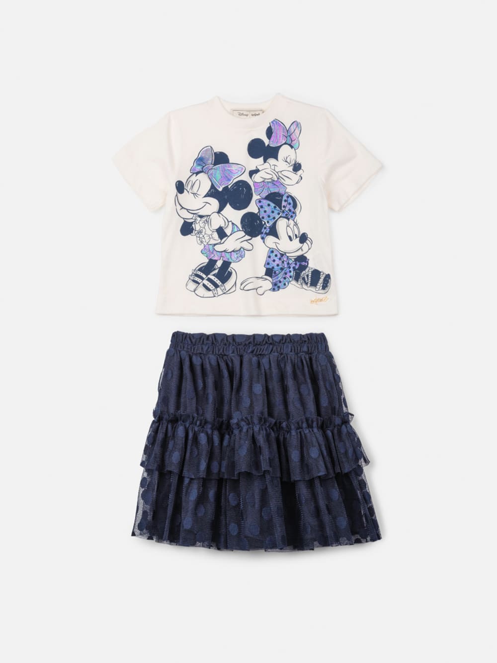 Conjunto Infantil Animê Verão Saia Marinho Tule e Blusa Minnie Disney