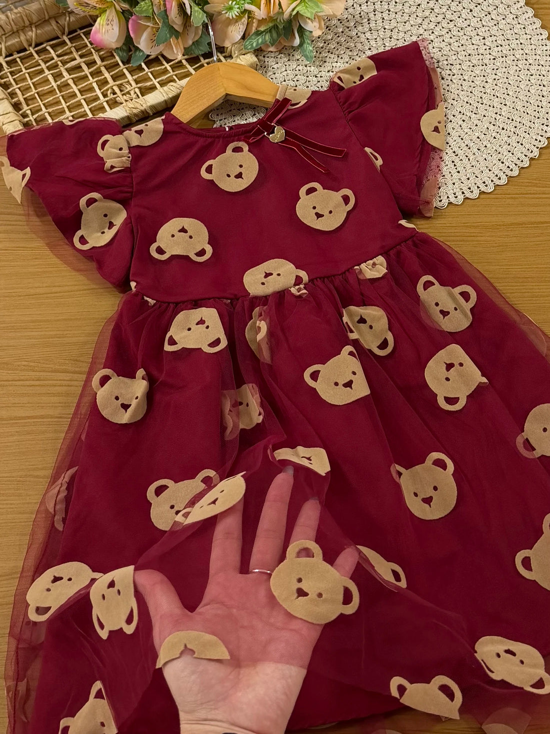 Vestido Infantil Momi Inverno Vermelho em Tule Ursinhos