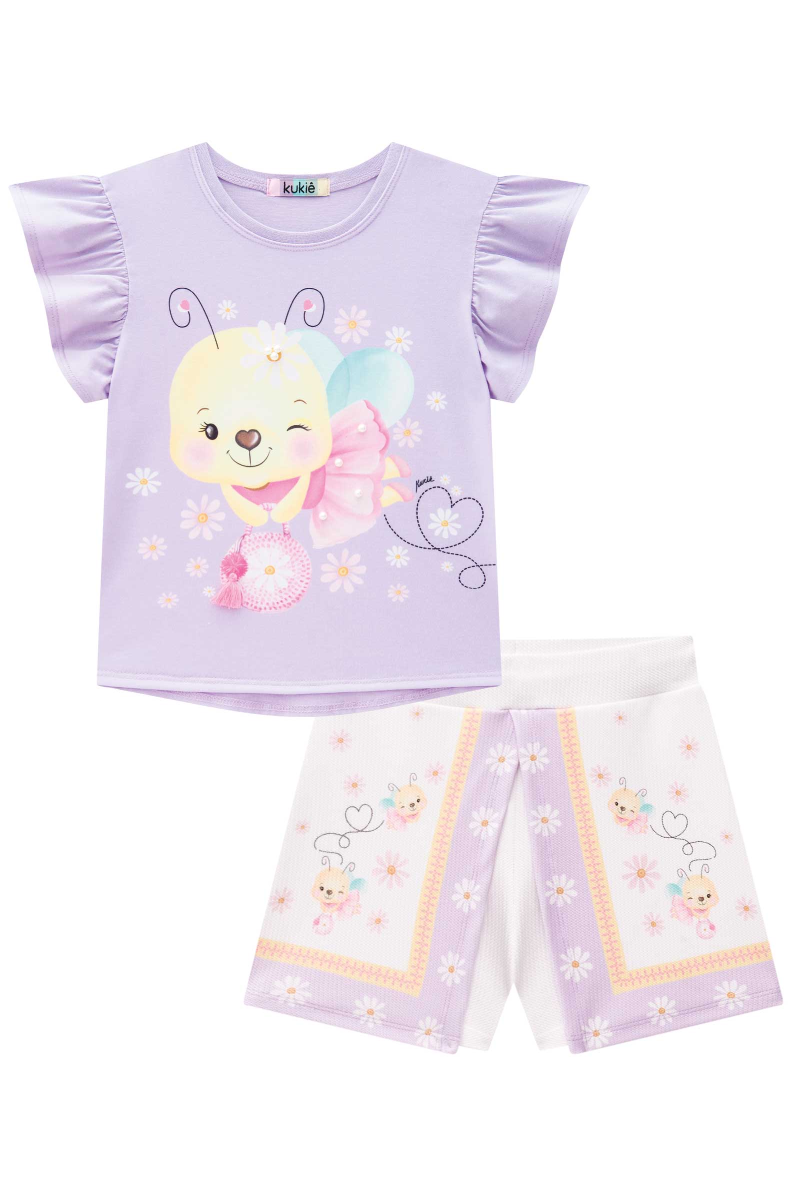 Conjunto Infantil Kukiê Verão Shorts e Blusa Lilás Abelhinha