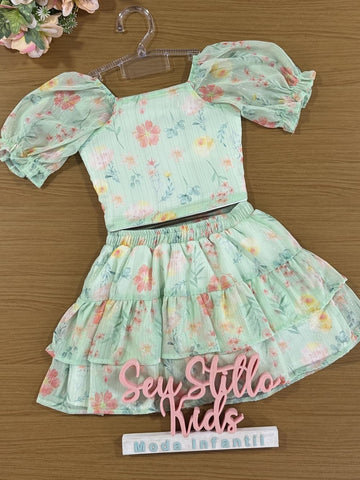 Conjunto Infantil Kukie Verão Saia e Blusa Chiffon Verde Floral
