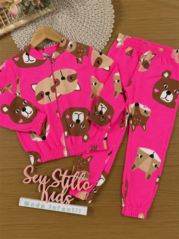 Conjunto Infantil Bimbi Inverno com Calça e Jaqueta Rosa Bichinhos