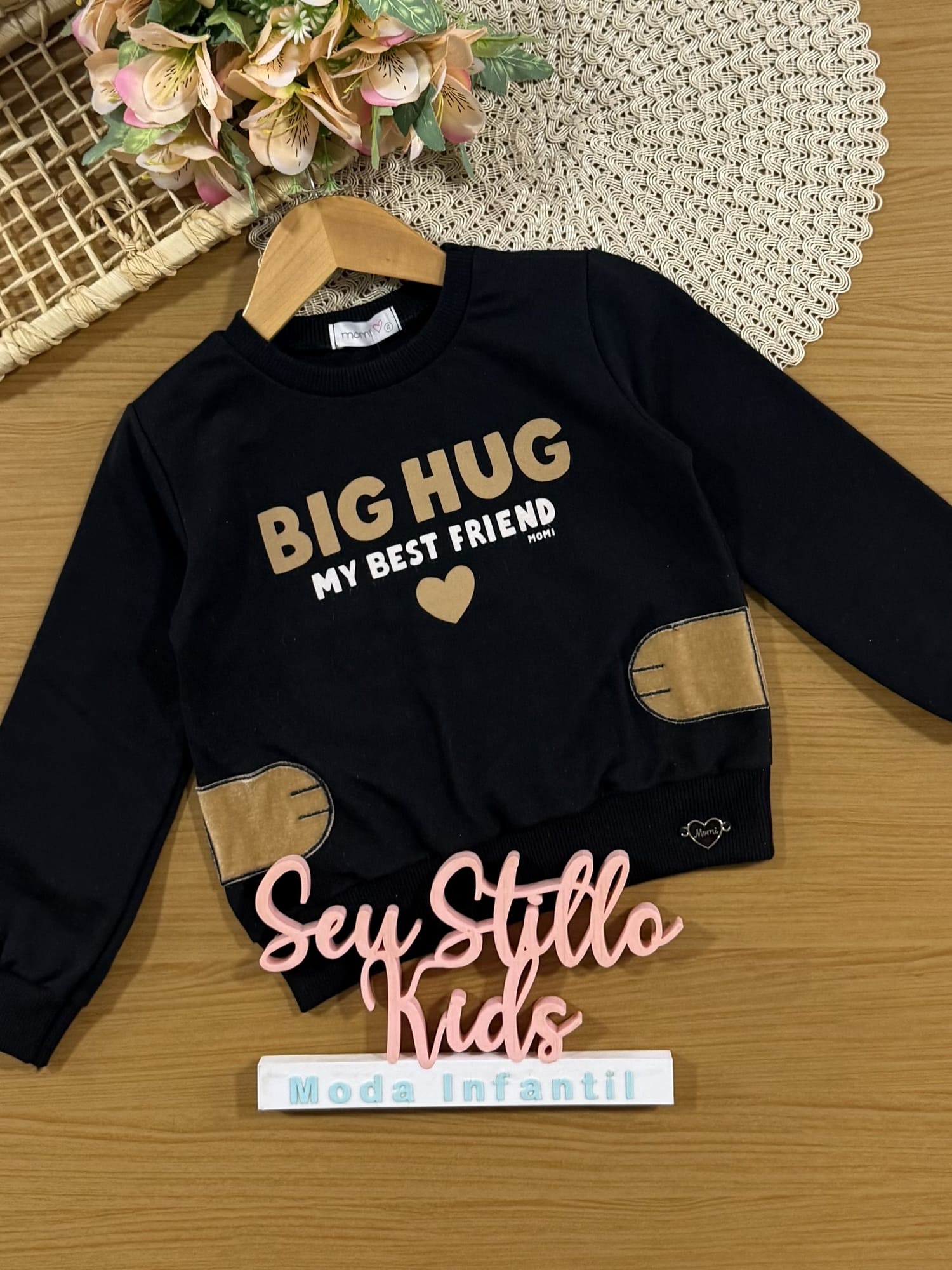 Moletom Infantil Momi Inverno sem Flanela Preto Ursinha Best Friend