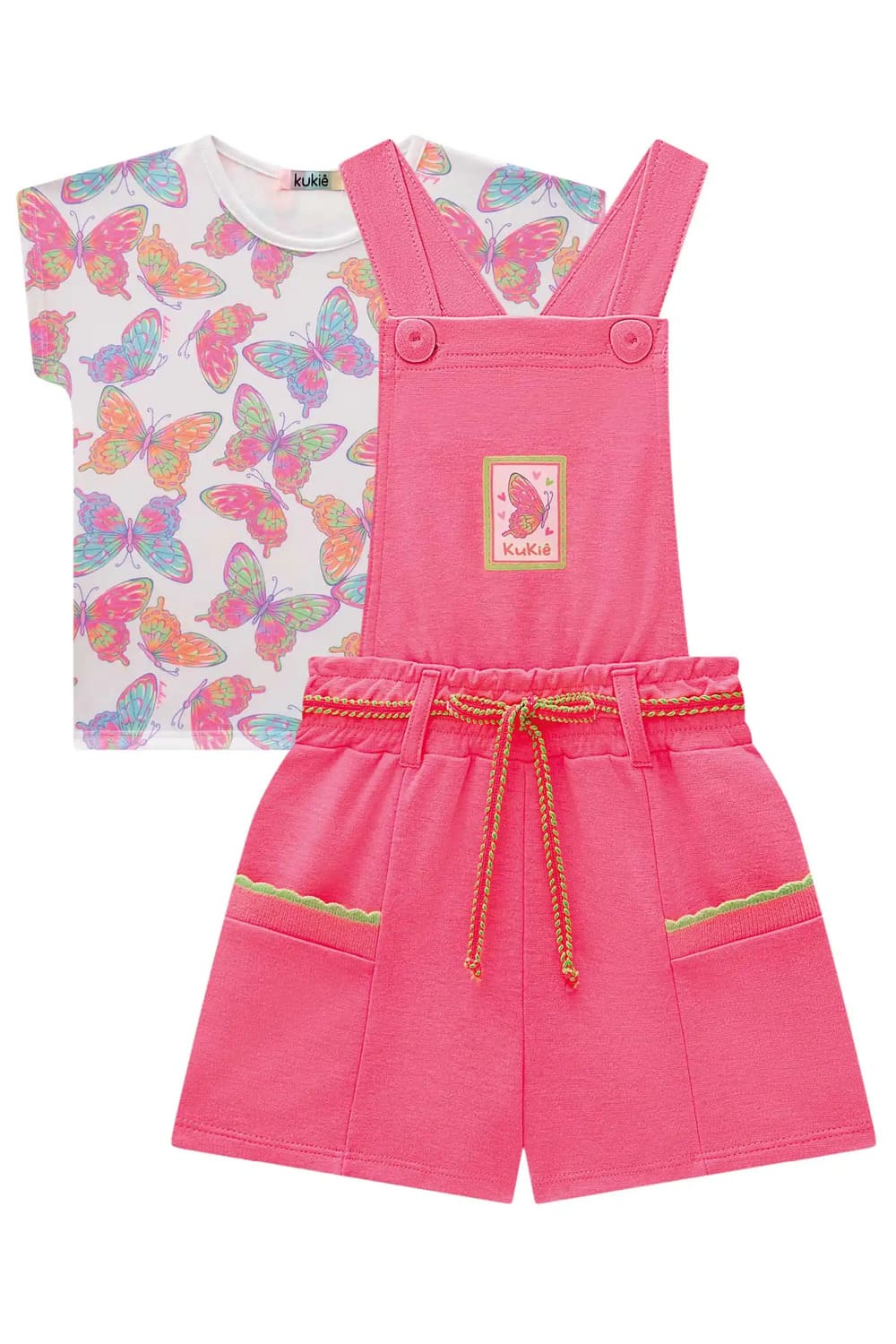 Jardineira Infantil Kukie Verão Rosa Com Blusa Borboletas