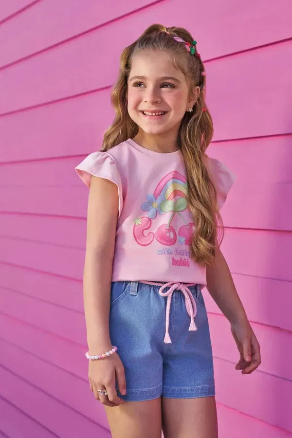 Conjunto Infantil Menina Kukiê com Shorts Jeans e Blusa Cerejinha Arco-íris